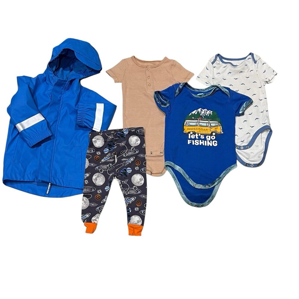 Lot of 5 pcs Boys Size 12 month Clothes Blue Raincoat Space Playsuit Pant stripe